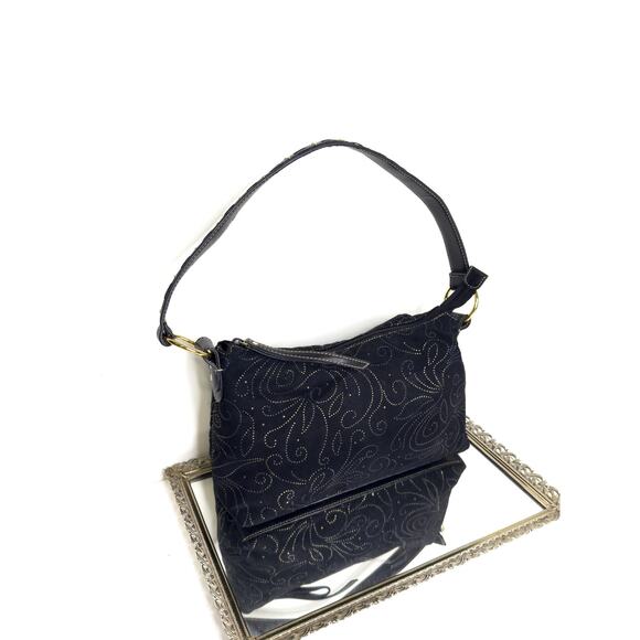 Vintage Madison Studio Black Suede Shoulder bag , top handle bag with gold deta - Picture 1 of 10